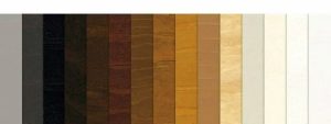 Selection of ProVia woodgrain finish swatches ranging from dark mahogany and cherry to light oak and white for entry doors